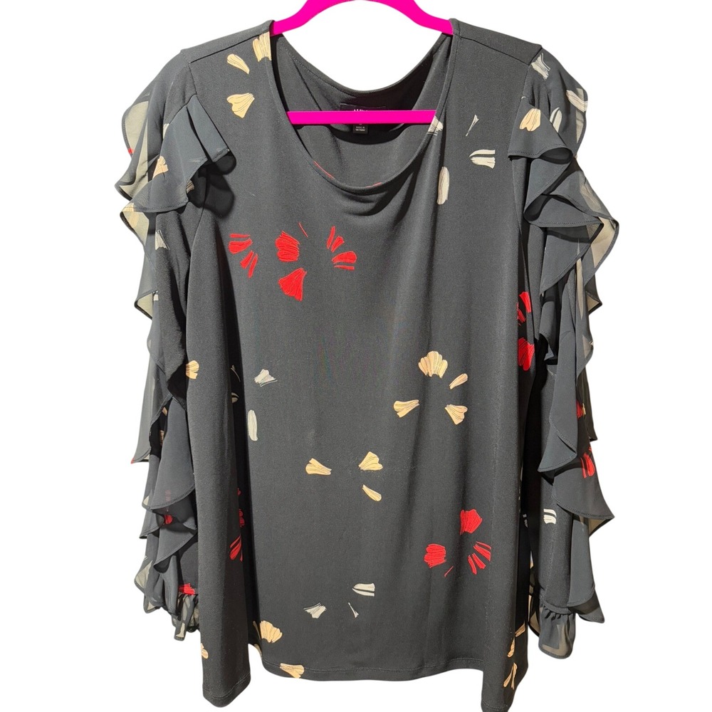 Elegant Ruffled Sleeve Top - Gray with Red and Cream Accents